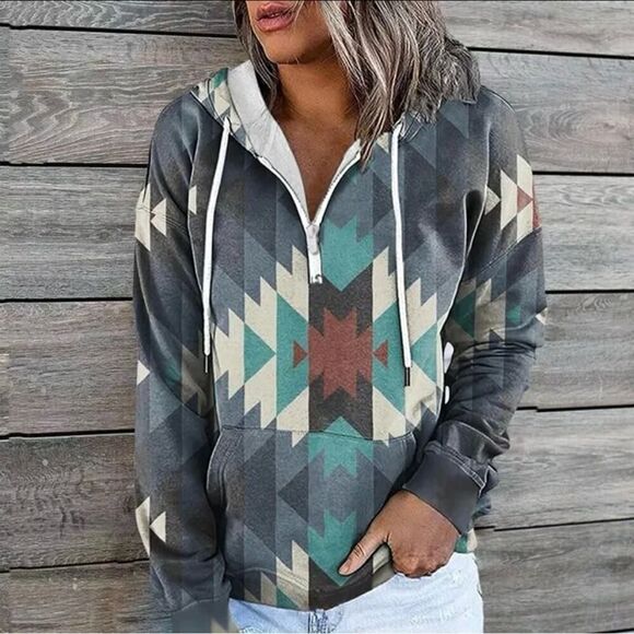 Tribal Oversized Gray Blue Hooded Sweatshirt - Picture 1 of 6